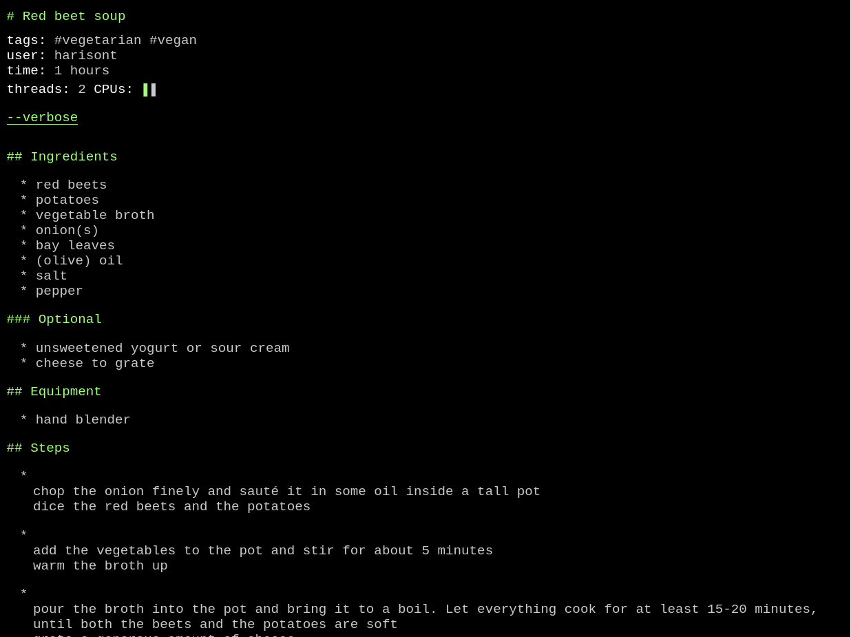 Very WIP Concurrent Cooking recipe page; styling inspired by command-line Markdown previewers such as glow.