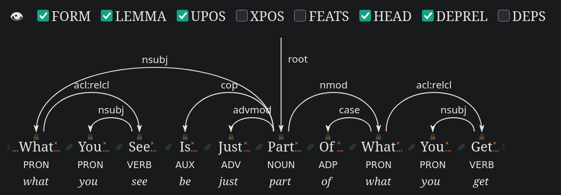 A dependency tree for the sentence "What You See Is Just Part Of What You Get". Right above it there is a row of checkboxes to select which linguistic features to display
