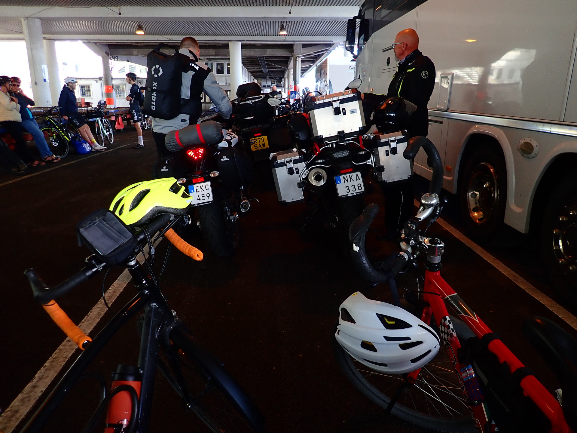 Our two bikes queueing behind two motorcycles at the Frederikshavn ferry terminal in Göteborg
