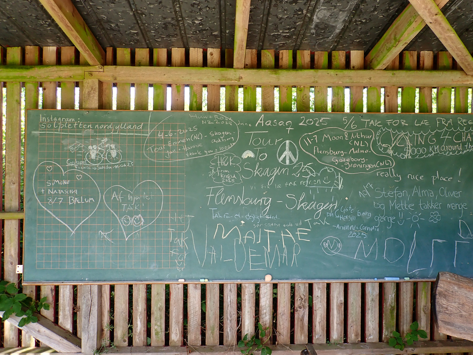 Messages left by travellers on a big blackboard