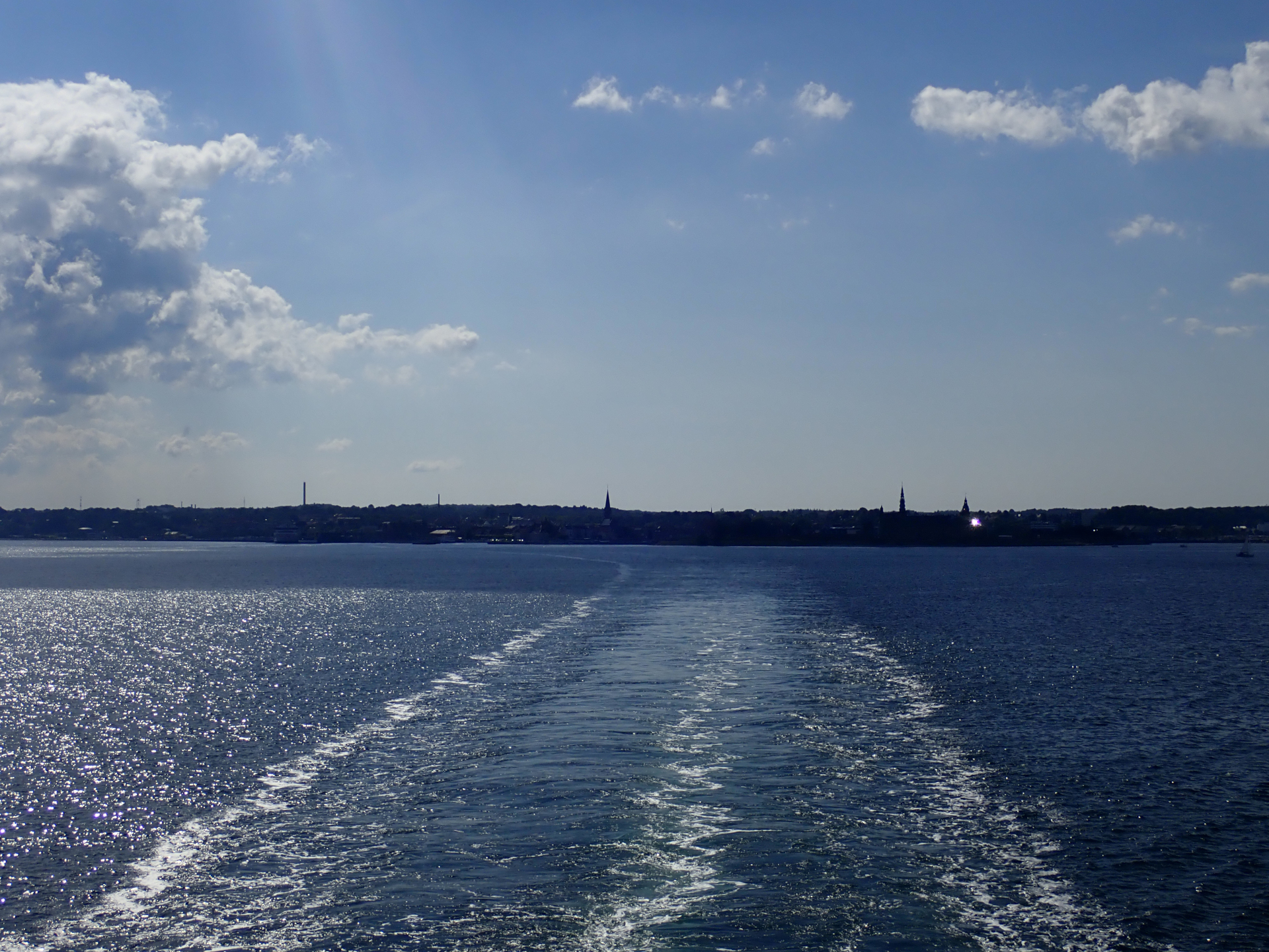 The trail of the ferry to Sweden; Helsingør is visible in the background