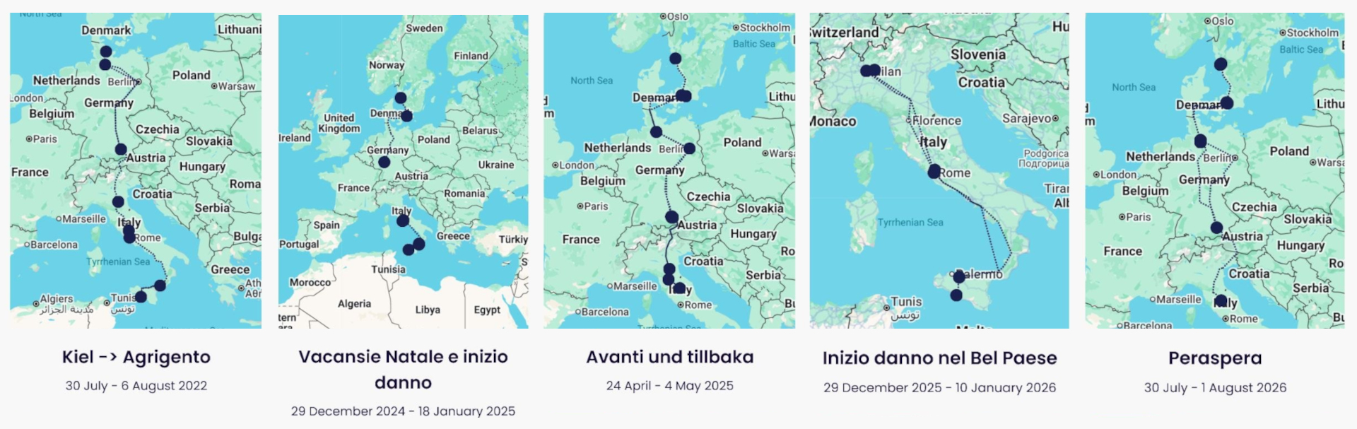 Maps of five different Interrail trips, all somewhere between southern Sweden and Italy